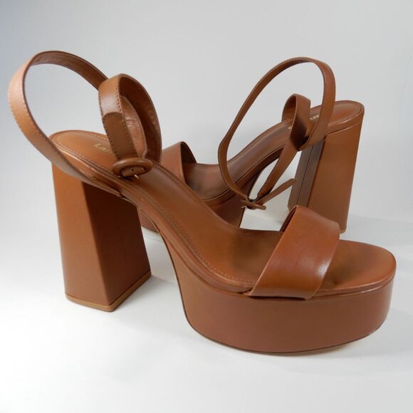 Larroude Dolly Block Heel Platform SANDALS Size 10 Brown Leather NEW $315 - Picture 10 of 16